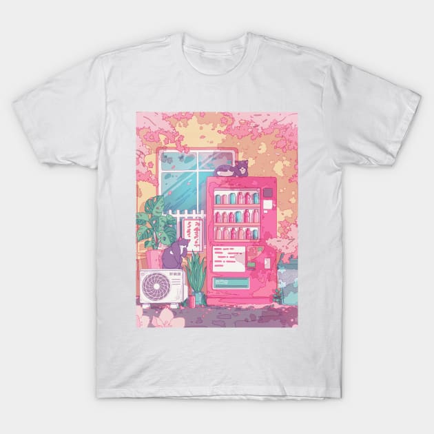 The stray cats, wending machine and pink cherry blossom T-Shirt by AnGo